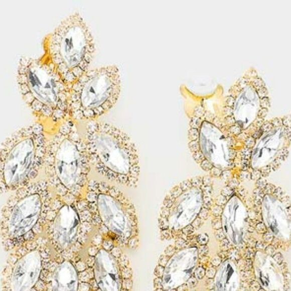 Marquise Crystal Oval Cluster Vine Gold Clip On Earrings - Picture 2 of 6